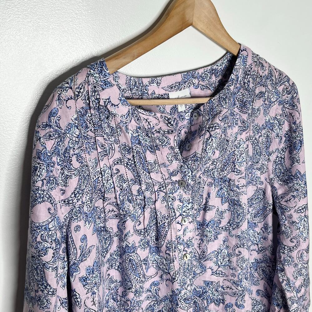 J. Jill Love Linen Popover Top Womens Large Pink Purple Paisley Floral V Neck - Picture 4 of 9